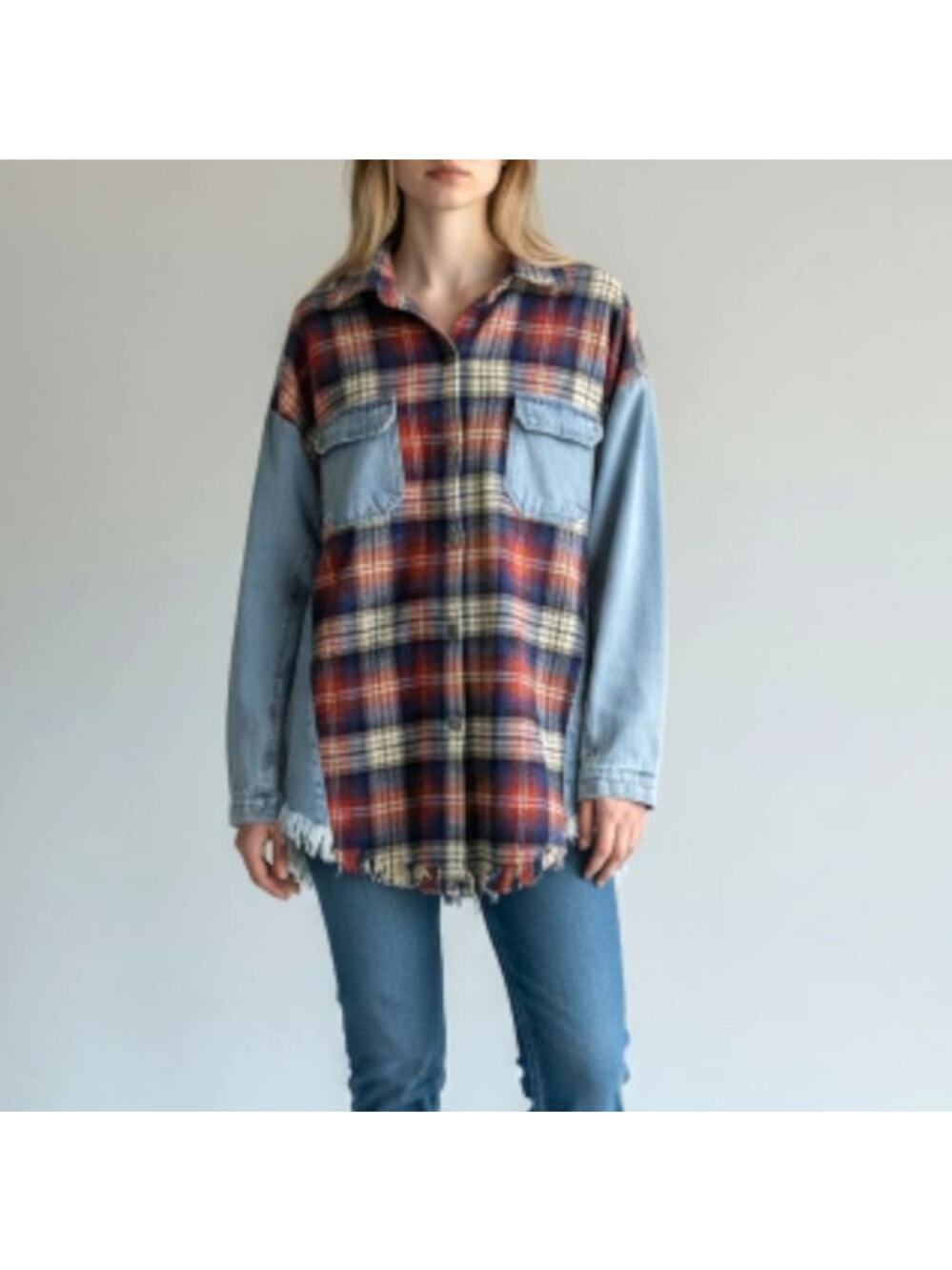 Style U Plaid Denim Patchwork Fringe Shacket Blue Red S Casual Boho Oversized